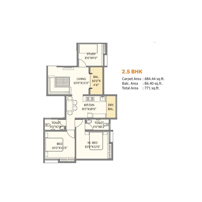 Floor plan of 2 BHK 684 Sq. Ft. Apartment in Samruddhi Sunview CHS, Pune