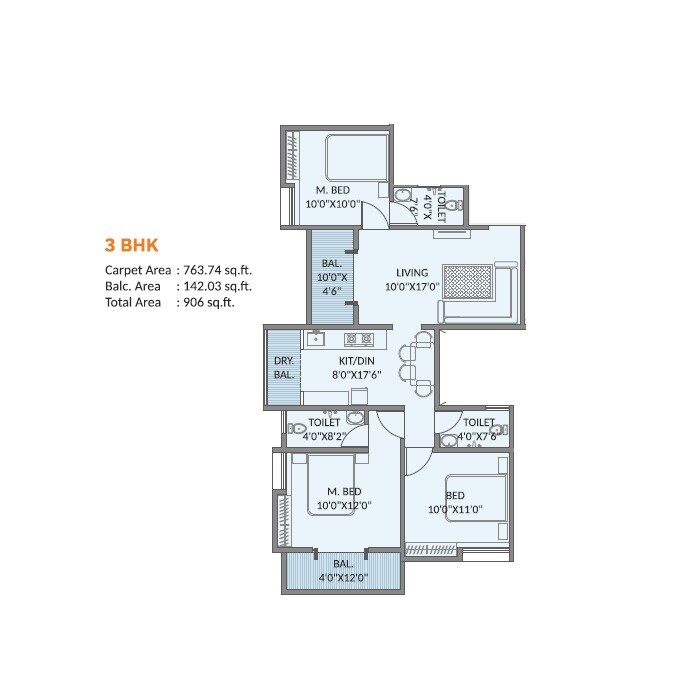 Floor plan of 3 BHK 764 Sq. Ft. Apartment in Samruddhi Sunview CHS, Pune