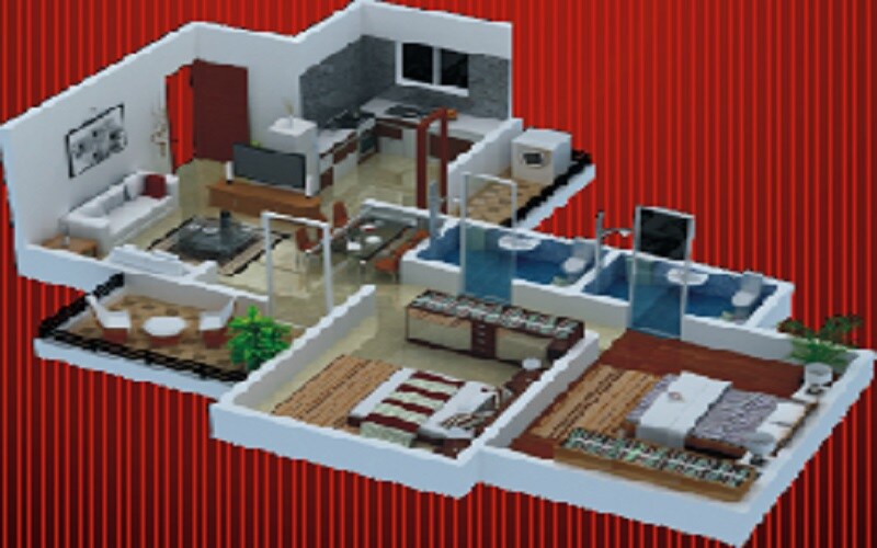 Floor plan of 2 BHK 972 Sq. Ft. Apartment in Sancheti  Belcastel, Pune