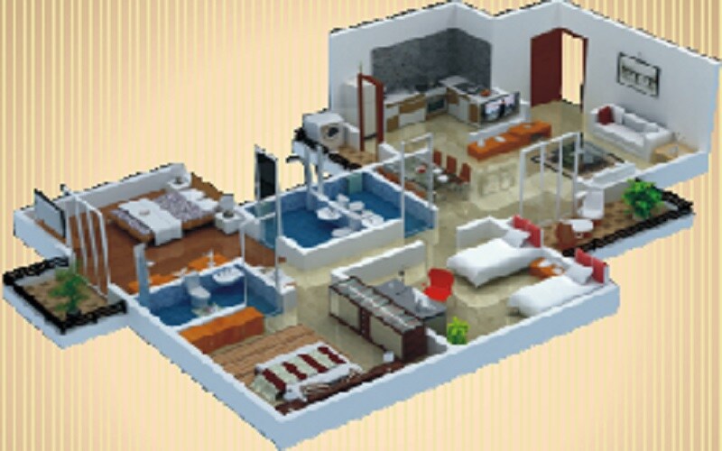 Floor plan of 3 BHK 1225 Sq. Ft. Apartment in Sancheti  Belcastel, Pune