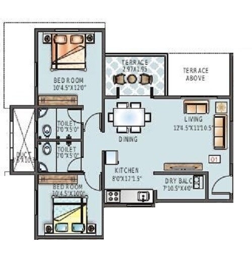 Floor plan of 2 BHK 496 Sq. Ft. Apartment in Sancheti Eves Garden, Pune