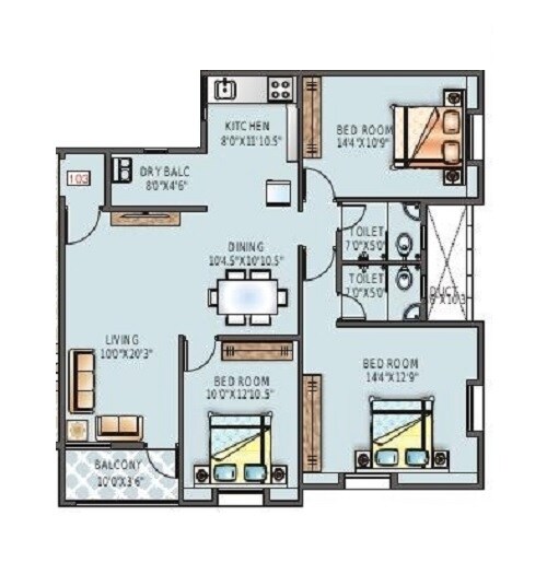 Floor plan of 3 BHK 779 Sq. Ft. Apartment in Sancheti Eves Garden, Pune