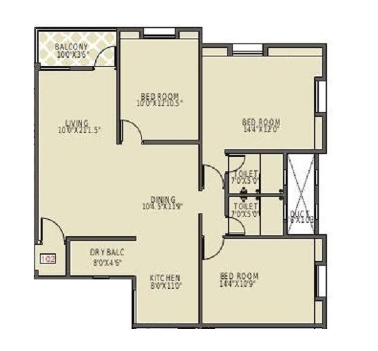 Floor plan of 3 BHK 838 Sq. Ft. Apartment in Sancheti Eves Garden, Pune