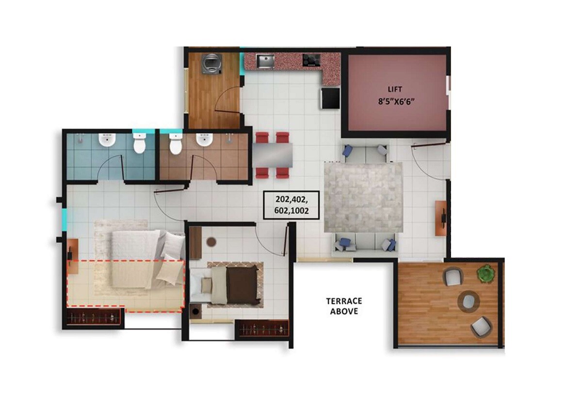 Floor plan of 2 BHK 597 Sq. Ft. Apartment in Sancheti Mount Castle, Pune