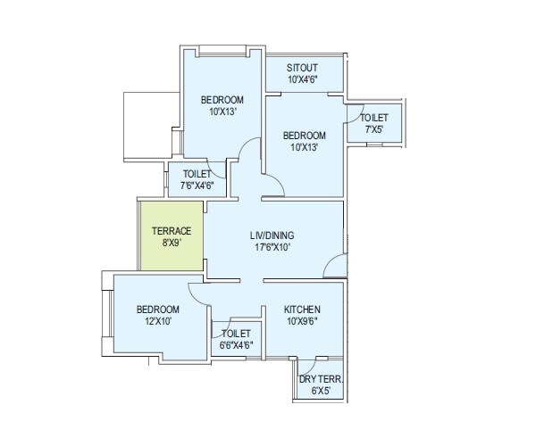 Floor plan of 3 BHK 905 Sq. Ft. Apartment in Sangameshwari Apartment, Pune