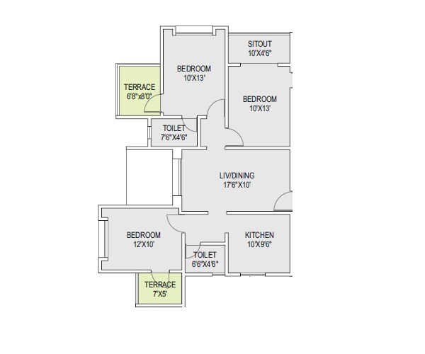 Floor plan of 3 BHK 909 Sq. Ft. Apartment in Sangameshwari Apartment, Pune