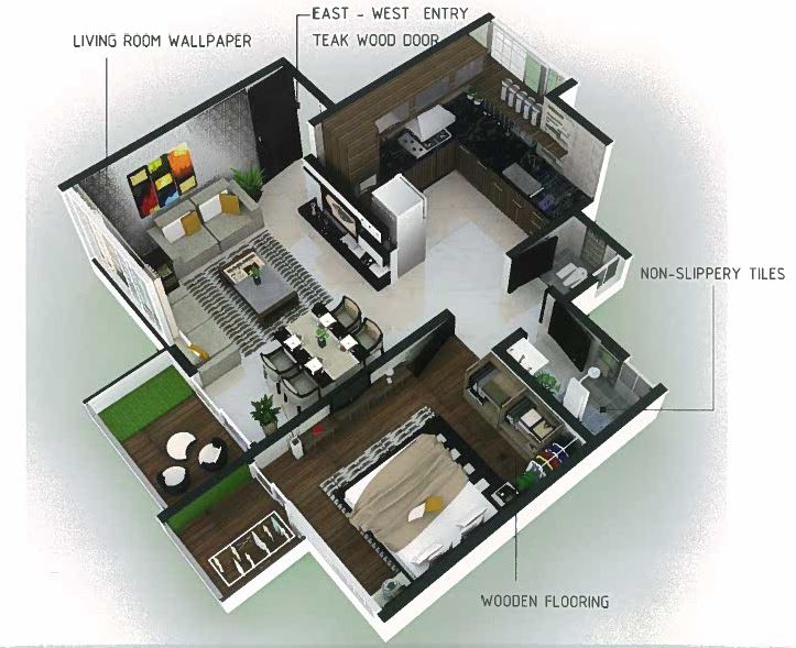 Floor plan of 1 BHK 648 Sq. Ft. Apartment in Sanghavi Paradise A Building, Pune