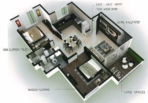 Floor plan of 2 BHK 1095 Sq. Ft. Apartment in Sanghavi Paradise A Building, Pune