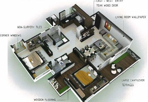 Floor plan of 2 BHK 992 Sq. Ft. Apartment in Sanghavi Paradise A Building, Pune