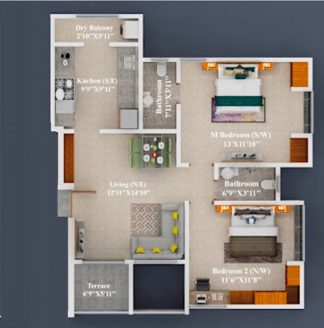 Floor plan of 2 BHK Apartment - 778 sq. ft. in Sanghavi Suraj Residency, Pune