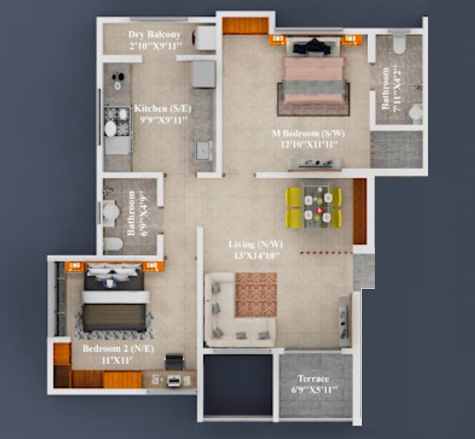 Floor plan of 2 BHK Apartment - 786 sq. ft. in Sanghavi Suraj Residency, Pune