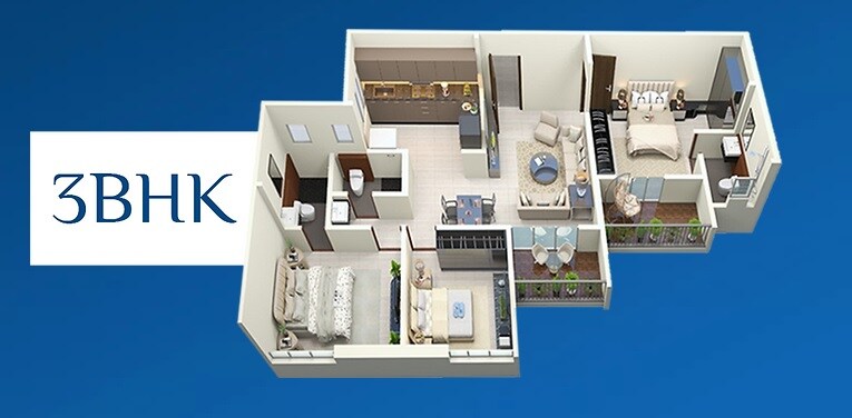 Floor plan of 3 BHK 870 Sq. Ft. Apartment in Saniket Omkar Swarup, Pune