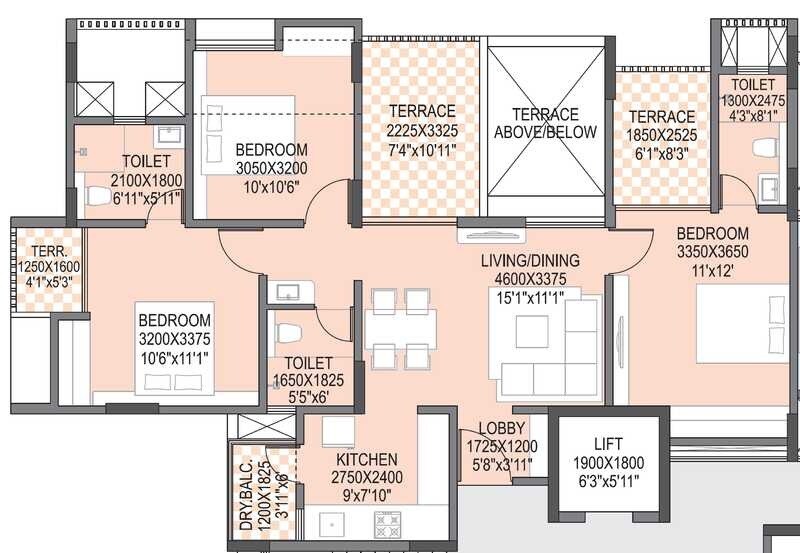 Floor plan of 3 BHK 1017 Sq. Ft. Apartment in Saniket Sunwinds, Pune