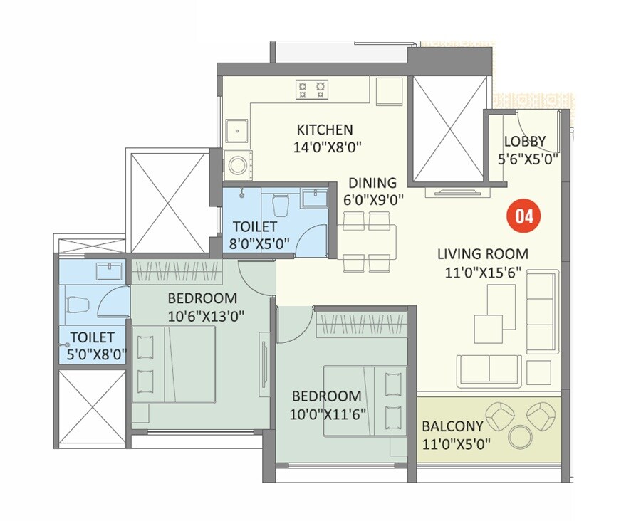 2 BHK 811 Sq. Ft. Apartment