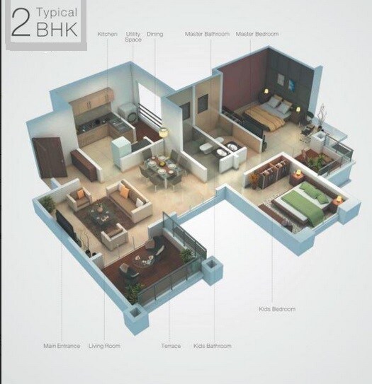 Floor plan of 2 BHK 1325 Sq. Ft. Apartment in Sanjay Kakade Eternia, Pune