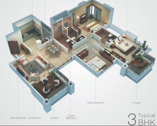 Floor plan of 3 BHK 1510 Sq. Ft. Apartment in Sanjay Kakade Eternia, Pune