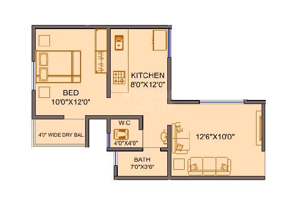 Floor plan of 1 BHK 343 Sq. Ft. Apartment in Sanjay Purandhar Gold, Pune