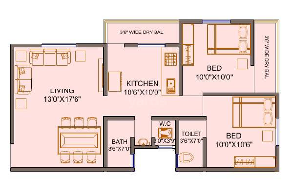 Floor plan of 2 BHK 503 Sq. Ft. Apartment in Sanjay Purandhar Gold, Pune