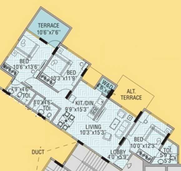 Floor plan of 3 BHK Apartment - 883 sq. ft. in Sanjeevani Sonchapha, Pune