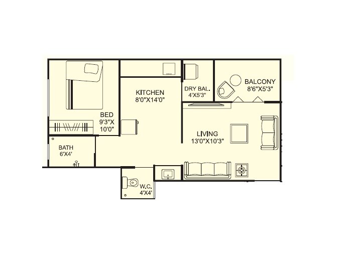 Floor plan of 1 BHK 475 Sq. Ft. Apartment in Sanjivani Snehal Apartments, Pune