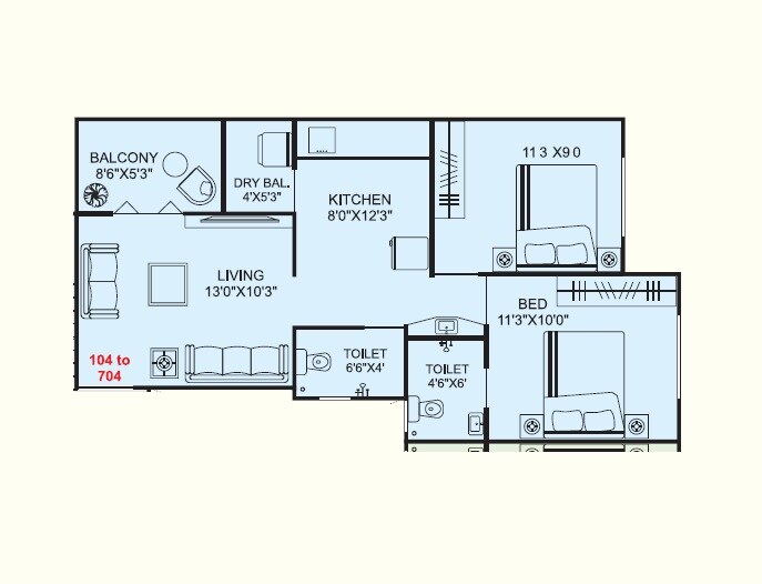 Floor plan of 2 BHK 598 Sq. Ft. Apartment in Sanjivani Snehal Apartments, Pune