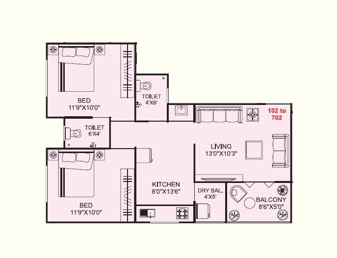 Floor plan of 2 BHK 625 Sq. Ft. Apartment in Sanjivani Snehal Apartments, Pune