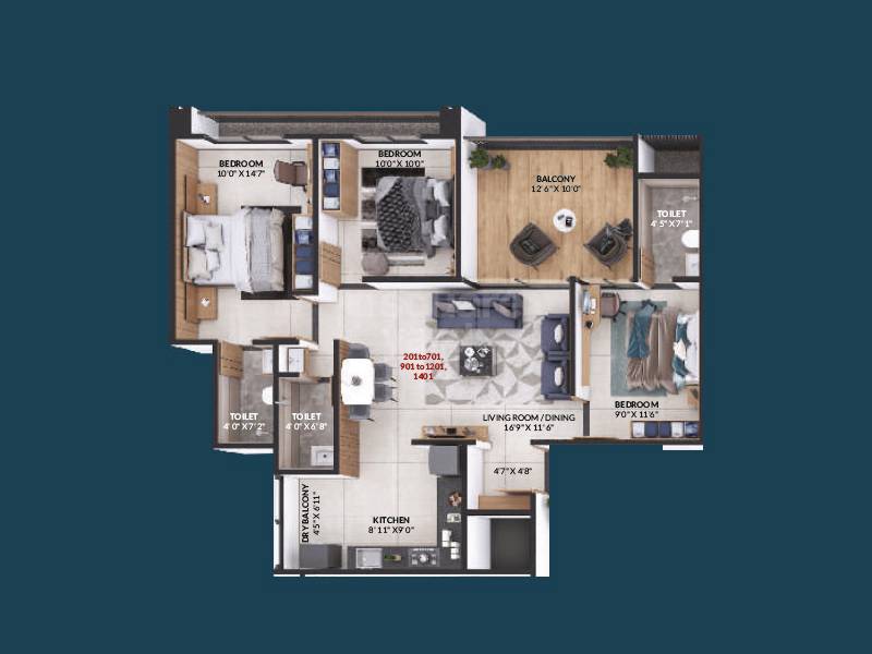 Floor plan of 3 BHK 946 Sq. Ft. Apartment in Sankalp Alyssum, Pune