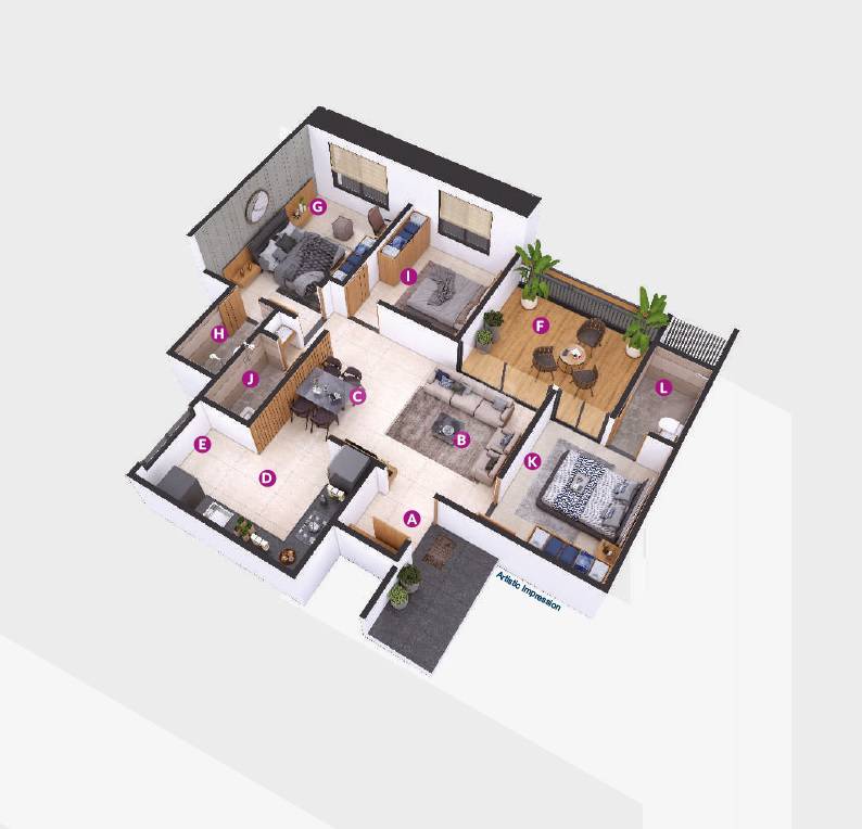Floor plan of 3 BHK 986 Sq. Ft. Apartment in Sankalp Alyssum, Pune