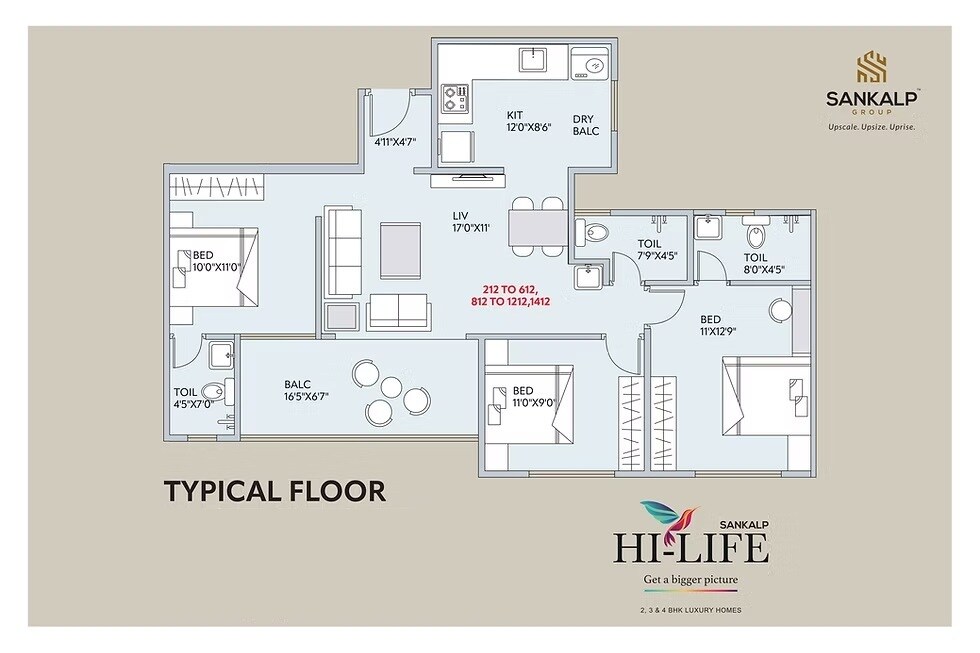 Floor plan of 3 BHK 937 Sq. Ft. Apartment in Sankalp Hilife, Pune
