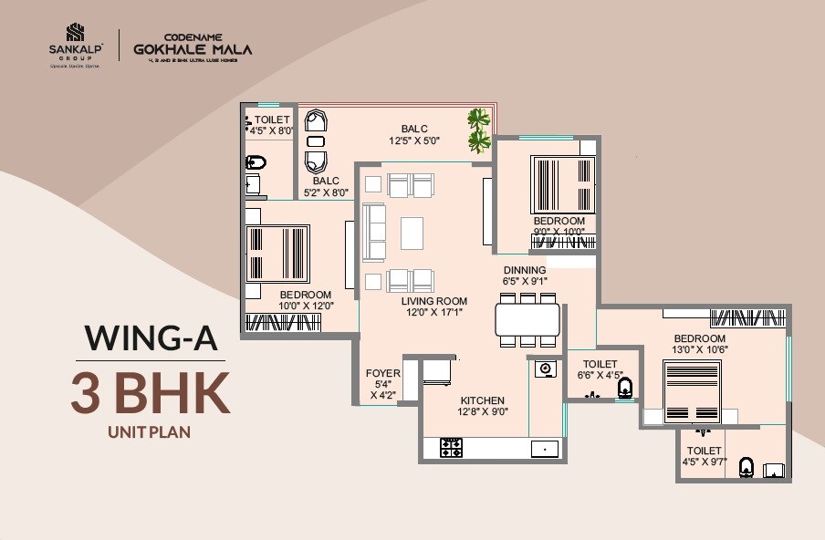 Floor plan of 3 BHK 1100 Sq. Ft. Apartment in Sankalp Sierra, Pune