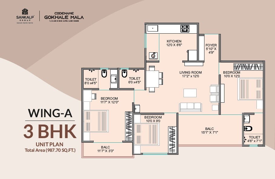 Floor plan of 3 BHK 988 Sq. Ft. Apartment in Sankalp Sierra, Pune