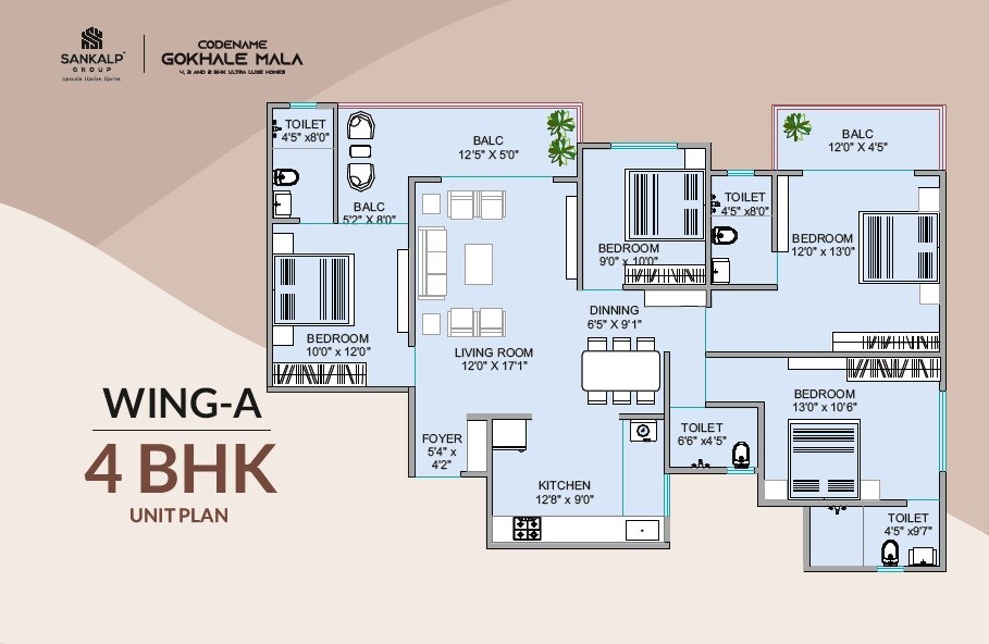 Floor plan of 4 BHK 1400 Sq. Ft. Apartment in Sankalp Sierra, Pune
