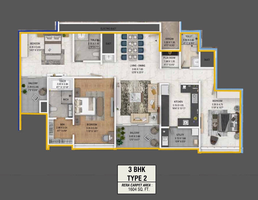 Floor plan of 3 BHK 1604 Sq. Ft. Apartment in Sankalp Titan Towers, Pune