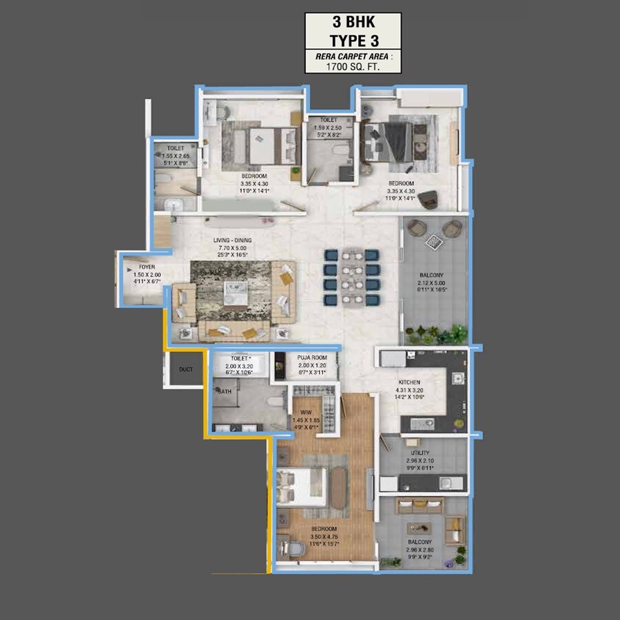 Floor plan of 3 BHK 1700 Sq. Ft. Apartment in Sankalp Titan Towers, Pune