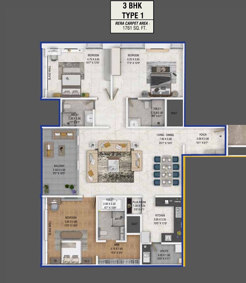 Floor plan of 3 BHK 1761 Sq. Ft. Apartment in Sankalp Titan Towers, Pune