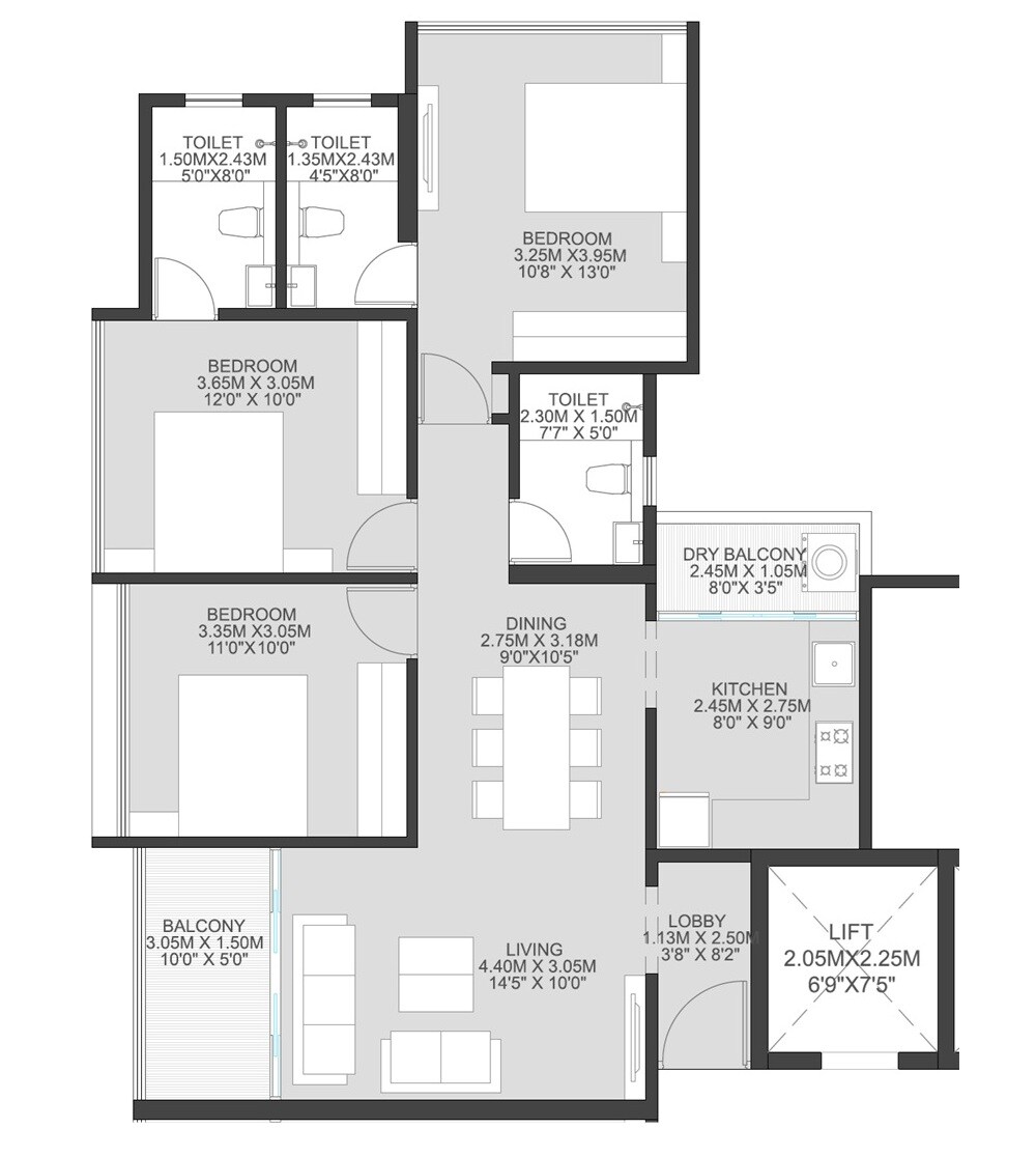 Floor plan of 3 BHK 988 Sq. Ft. Apartment in Sankla East World, Pune
