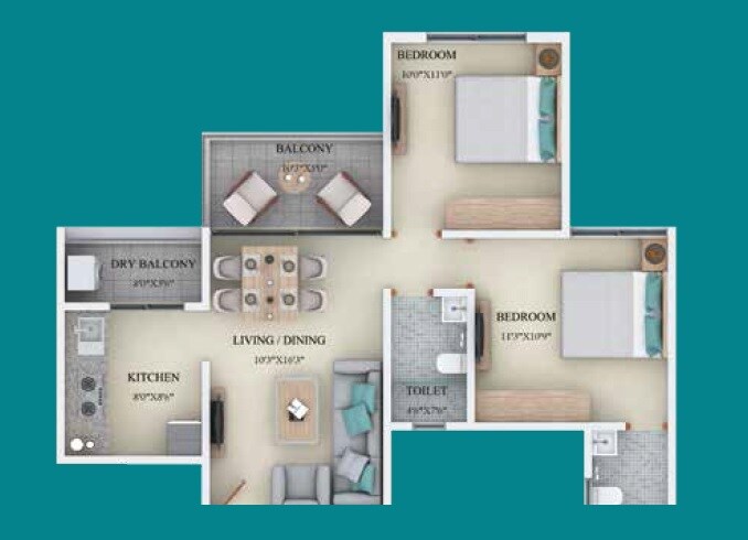 Floor plan of 2 BHK 587 Sq. Ft. Apartment in Sankla Sommet, Pune