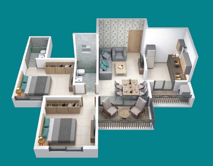 Floor plan of 2 BHK 846 Sq. Ft. Apartment in Sankla Sommet, Pune