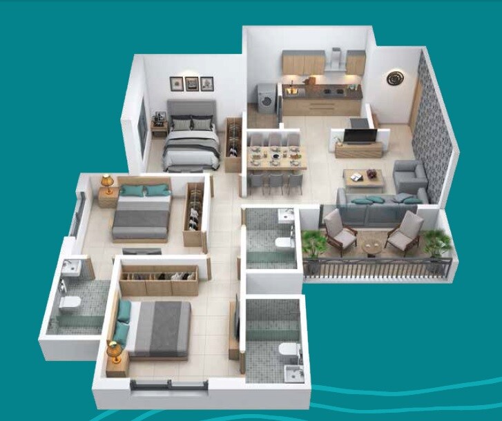 Floor plan of 3 BHK 901 Sq. Ft. Apartment in Sankla Sommet, Pune