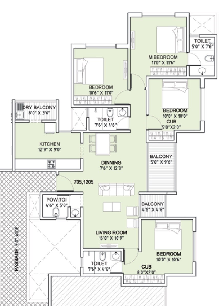 Floor plan of 4 BHK 1209 Sq. Ft. Apartment in Sankla Sommet, Pune