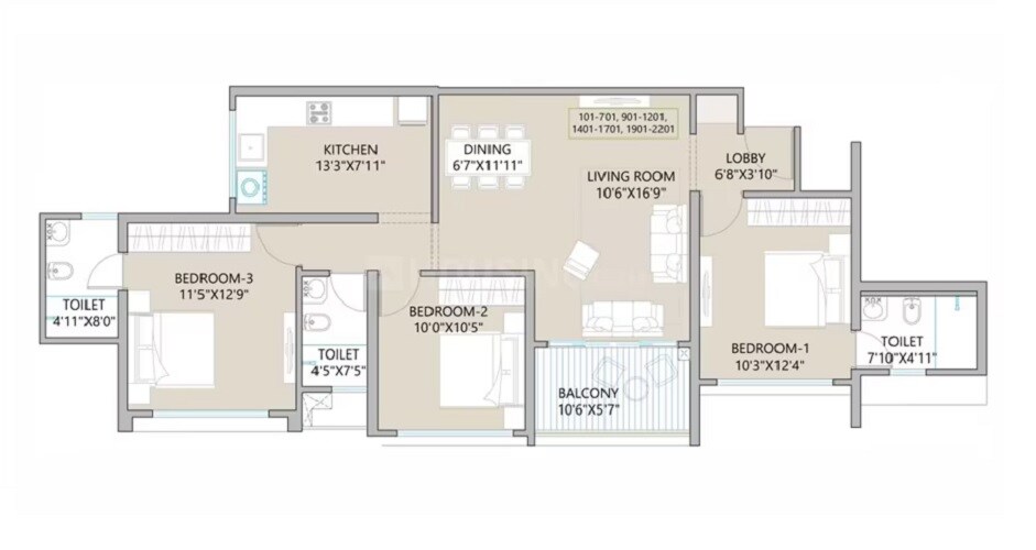 3 BHK 1068 Sq. Ft. Apartment