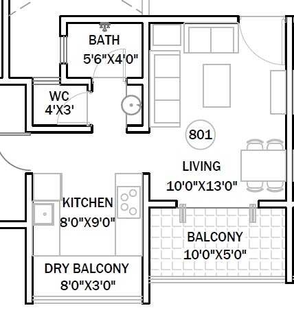 Floor plan of 1 BHK 606 Sq. Ft. Apartment in Sanraj Antara Apartment, Pune