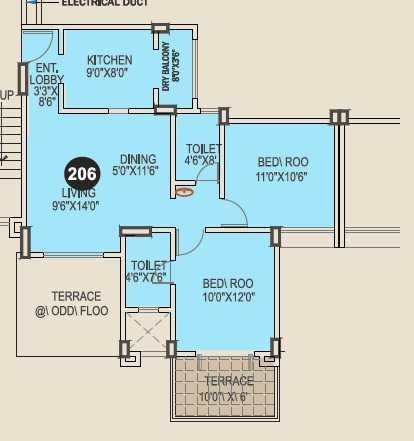 Floor plan of 2 BHK 1151 Sq. Ft. Apartment in Sanraj Antara Apartment, Pune