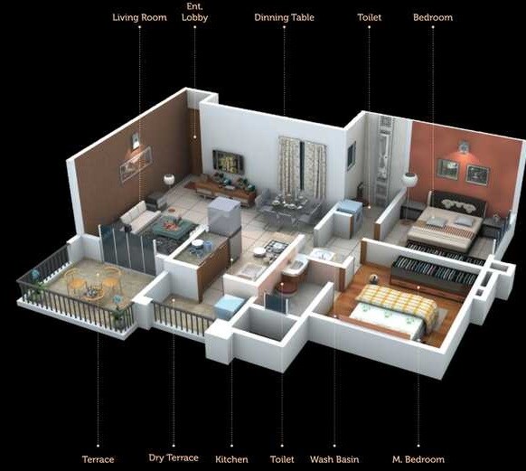 Floor plan of 2 BHK 993 Sq. Ft. Apartment in Sanraj Antara Apartment, Pune