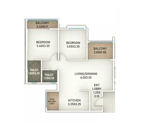 Floor plan of 2 BHK 755 Sq. Ft. Apartment in Sanskruti Panchtatva, Pune