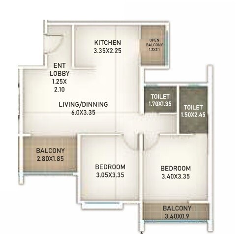 Floor plan of 2 BHK 789 Sq. Ft. Apartment in Sanskruti Panchtatva, Pune