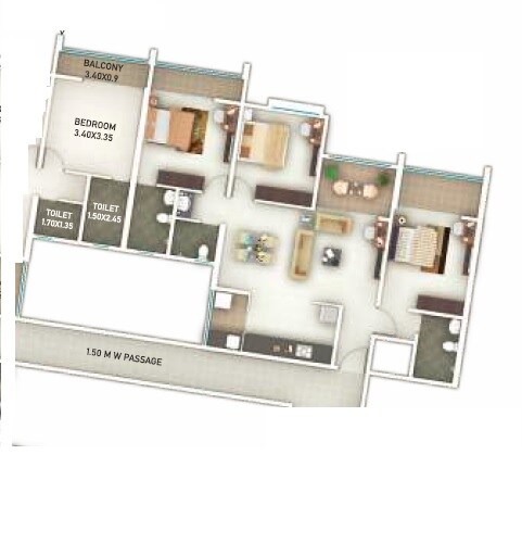 Floor plan of 3 BHK 1022 Sq. Ft. Apartment in Sanskruti Panchtatva, Pune