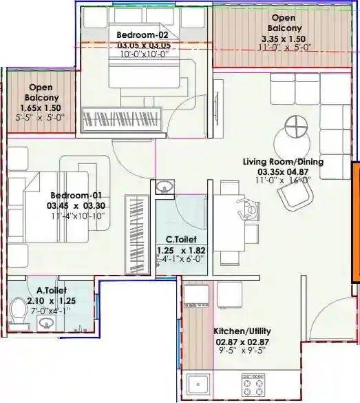 Floor plan of 2 BHK 696 Sq. Ft. Apartment in Santiago Sunrise, Pune