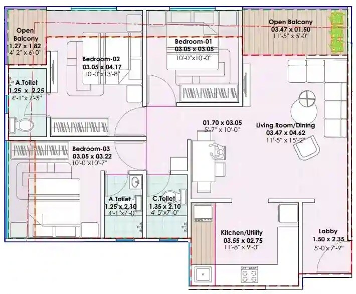 Floor plan of 3 BHK 991 Sq. Ft. Apartment in Santiago Sunrise, Pune