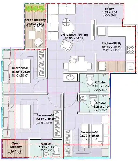 Floor plan of 3 BHK 908 Sq. Ft. Apartment in Santiago Sunrise, Pune